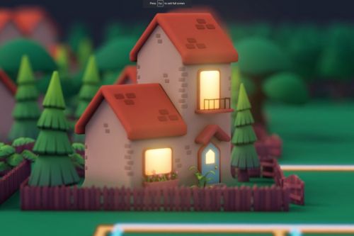 screenshot of a glowing house from one of our 3d video projects