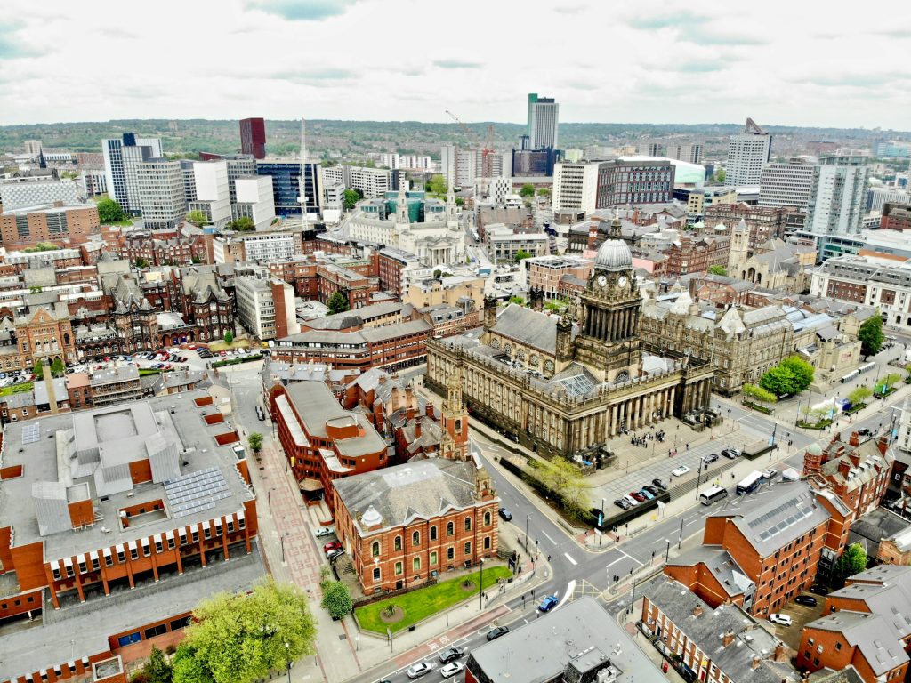 aerial photo of leeds for our blog post about filming corporate videos in leeds city