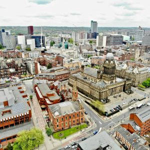 aerial photo of leeds for our blog post about filming corporate videos in leeds city